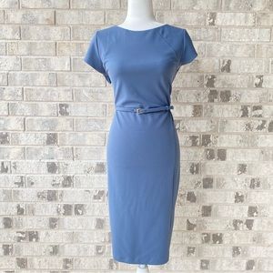 Express Blue Stretch Crepe Belted Cap Sleeve Dress